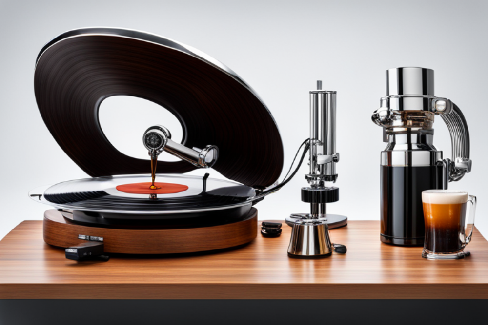 Brewing Coffee and record player playing music